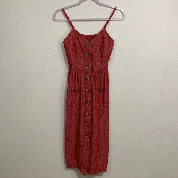 Indigo Rein Linen Red Button Through Double Pocket Cami Dress Size M - Picture 2 of 9